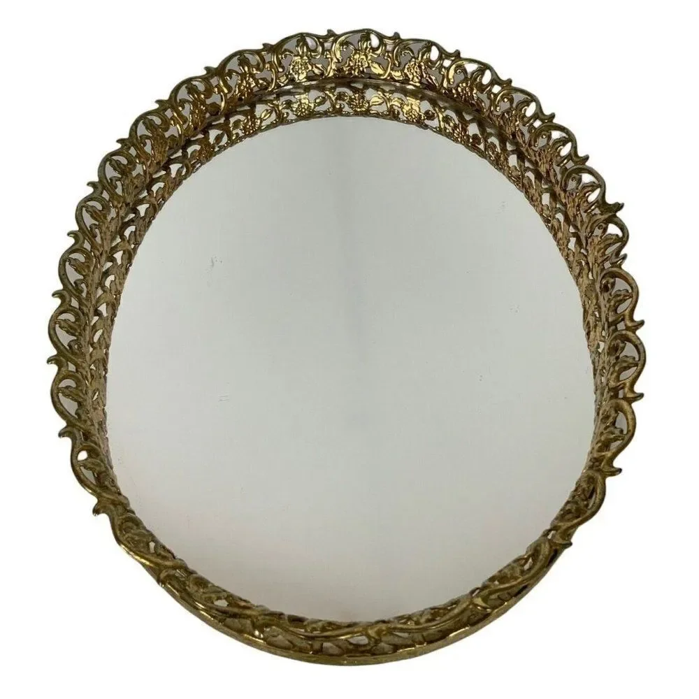 Vintage Oval Vanity Tray Gold Gilt Metal Filigree Mirror Hollywood Regency 1950s